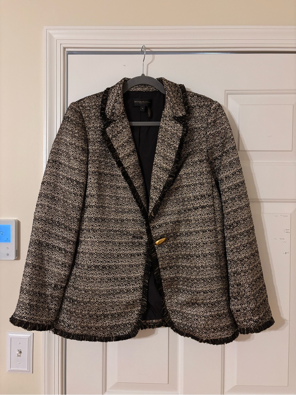 Donna Karan Black and Cream Tweed Fringed Blazer